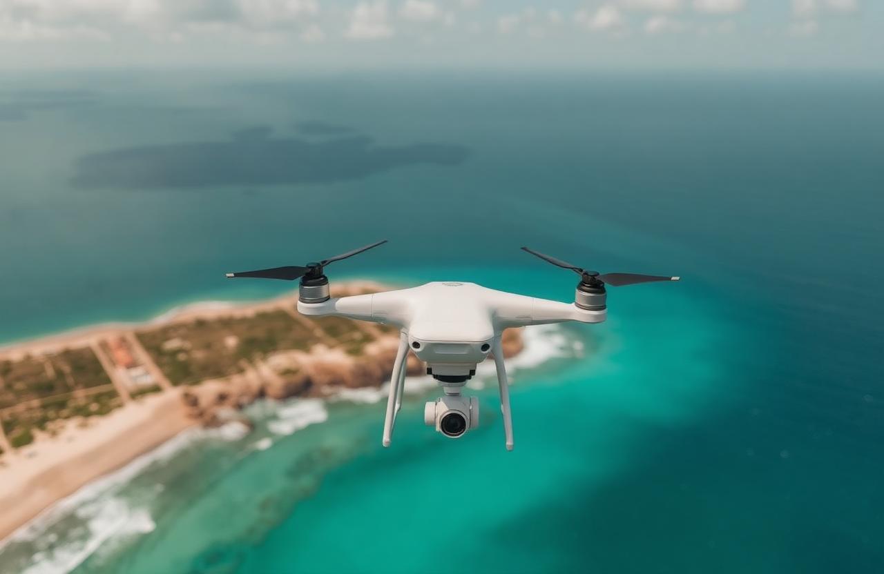 Mapping drone flying over a turquoise coastal landscape