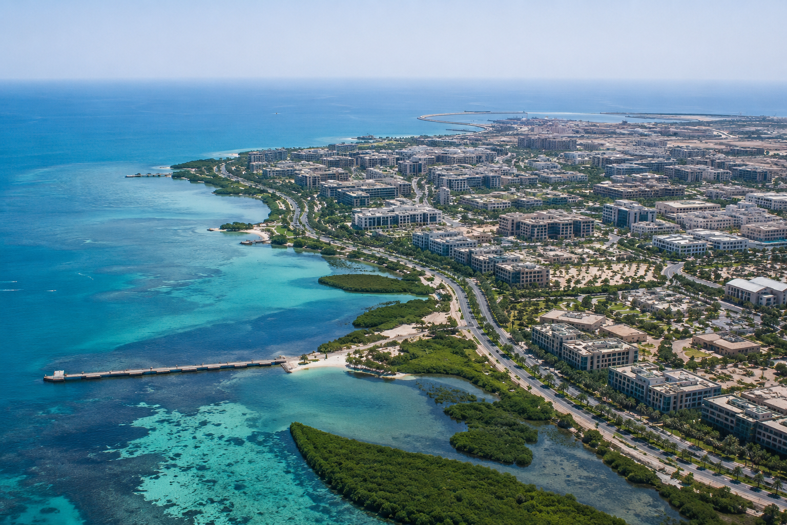 Moderate-altitude view of a sustainable coastal urban area